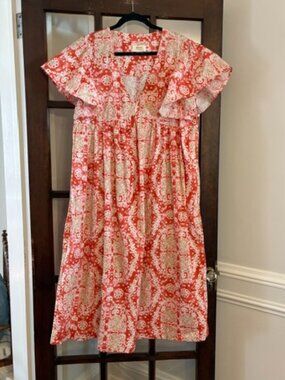 Anthropologie Coral and Cream Printed Flutter-Sleeve Midi Dress